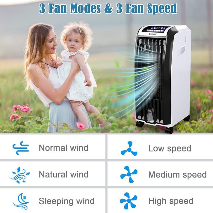 Evaporative Cooler, 4-in-1 Cooling, Fan, Humidifier and Anion, with 3 Wind Modes, 3 Speeds, 7.5H Timer, Portable air cooler