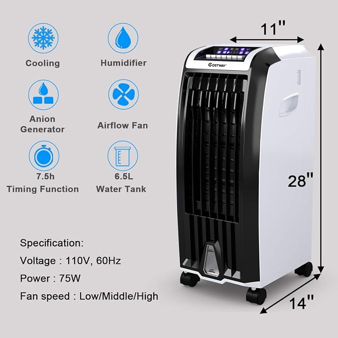 Evaporative Cooler, 4-in-1 Cooling, Fan, Humidifier and Anion, with 3 Wind Modes, 3 Speeds, 7.5H Timer, Portable air cooler