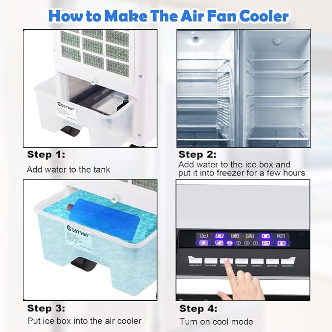 Evaporative Cooler, 4-in-1 Cooling, Fan, Humidifier and Anion, with 3 Wind Modes, 3 Speeds, 7.5H Timer, Portable air cooler
