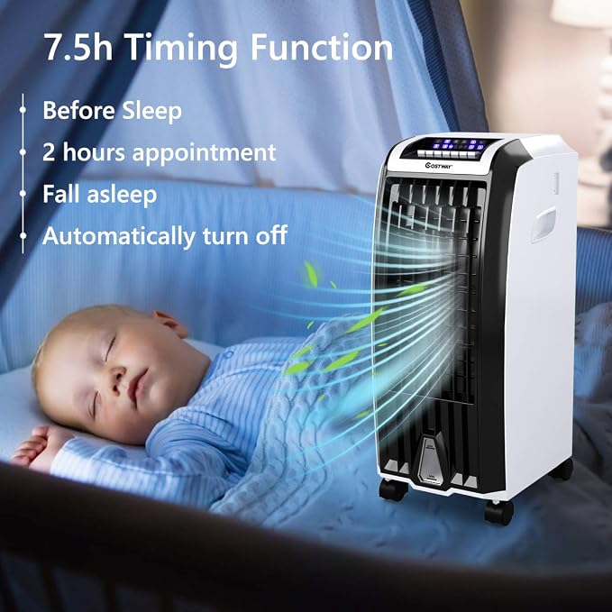Evaporative Cooler, 4-in-1 Cooling, Fan, Humidifier and Anion, with 3 Wind Modes, 3 Speeds, 7.5H Timer, Portable air cooler
