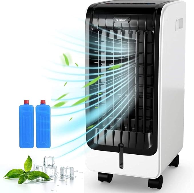 Evaporative Cooler, Include Remote Control, 2 Ice Packs, Portable Bladeless Fan with 3 Modes, 3 Speeds, 8H Timer, LED