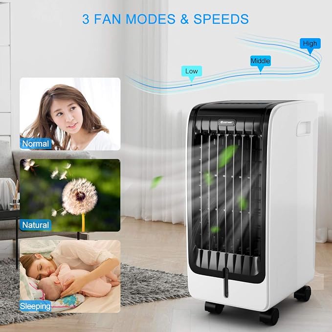 Evaporative Cooler, Include Remote Control, 2 Ice Packs, Portable Bladeless Fan with 3 Modes, 3 Speeds, 8H Timer, LED