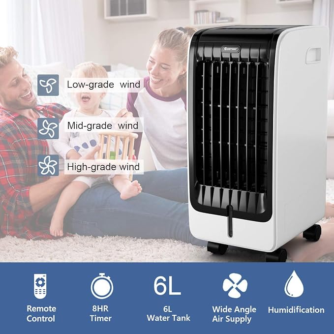 Evaporative Cooler, Include Remote Control, 2 Ice Packs, Portable Bladeless Fan with 3 Modes, 3 Speeds, 8H Timer, LED
