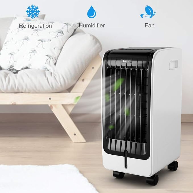 Evaporative Cooler, Include Remote Control, 2 Ice Packs, Portable Bladeless Fan with 3 Modes, 3 Speeds, 8H Timer, LED