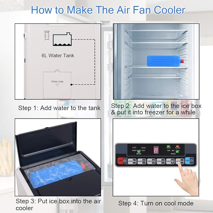 Evaporative Cooler, Include Remote Control, 2 Ice Packs, Portable Bladeless Fan with 3 Modes, 3 Speeds, 8H Timer, LED