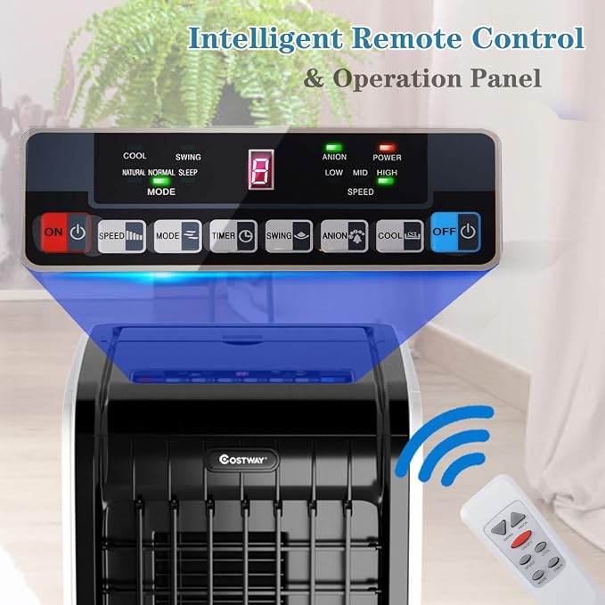 Evaporative Cooler, Include Remote Control, 2 Ice Packs, Portable Bladeless Fan with 3 Modes, 3 Speeds, 8H Timer, LED