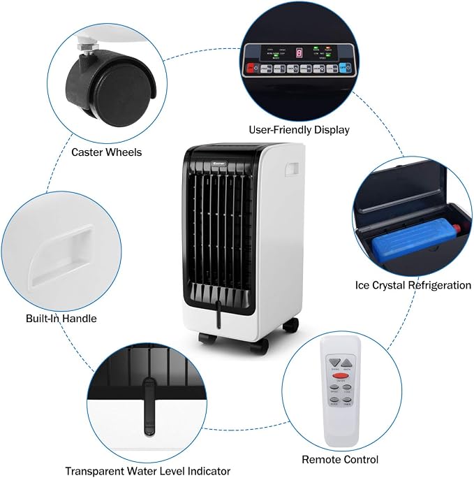 Evaporative Cooler, Include Remote Control, 2 Ice Packs, Portable Bladeless Fan with 3 Modes, 3 Speeds, 8H Timer, LED