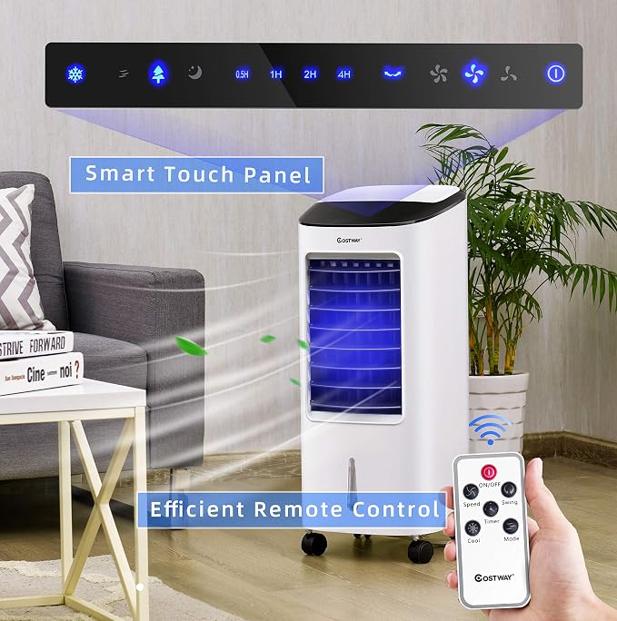 Evaporative Cooler, Portable Cooling Fan with Remote Control, 3-Mode, 3-Speed and 7.5H Timer Function, Include Ice Crystal