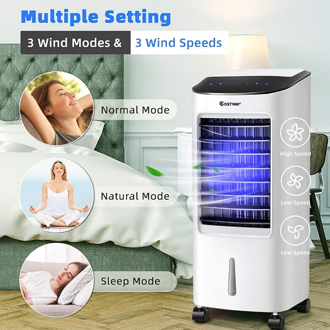 Evaporative Cooler, Portable Cooling Fan with Remote Control, 3-Mode, 3-Speed and 7.5H Timer Function, Include Ice Crystal