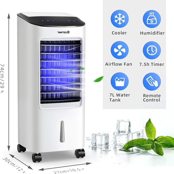 Evaporative Cooler, Portable Cooling Fan with Remote Control, 3-Mode, 3-Speed and 7.5H Timer Function, Include Ice Crystal