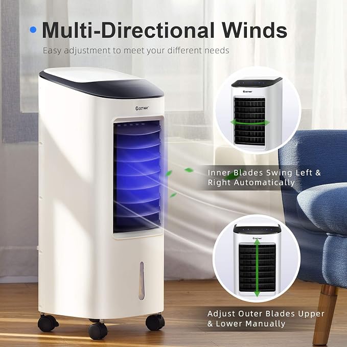 Evaporative Cooler, Portable Cooling Fan with Remote Control, 3-Mode, 3-Speed and 7.5H Timer Function, Include Ice Crystal