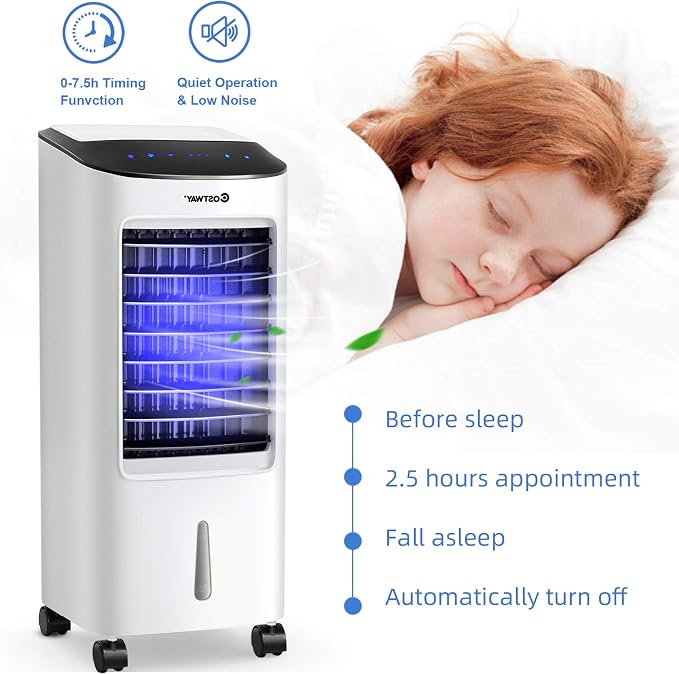 Evaporative Cooler, Portable Cooling Fan with Remote Control, 3-Mode, 3-Speed and 7.5H Timer Function, Include Ice Crystal