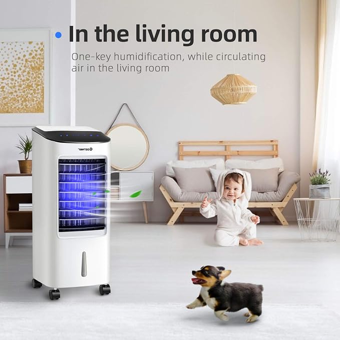 Evaporative Cooler, Portable Cooling Fan with Remote Control, 3-Mode, 3-Speed and 7.5H Timer Function, Include Ice Crystal