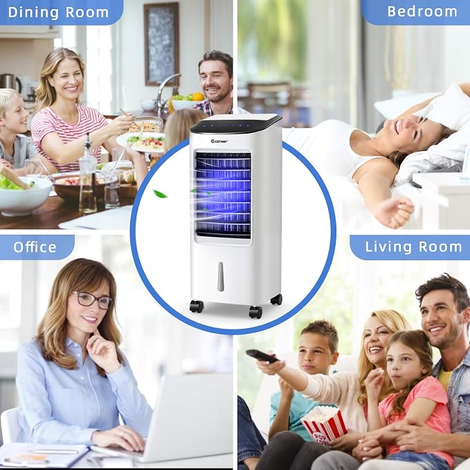 Evaporative Cooler, Portable Cooling Fan with Remote Control, 3-Mode, 3-Speed and 7.5H Timer Function, Include Ice Crystal