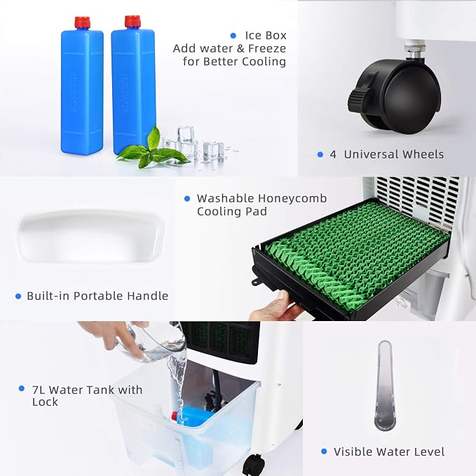Evaporative Cooler, Portable Cooling Fan with Remote Control, 3-Mode, 3-Speed and 7.5H Timer Function, Include Ice Crystal