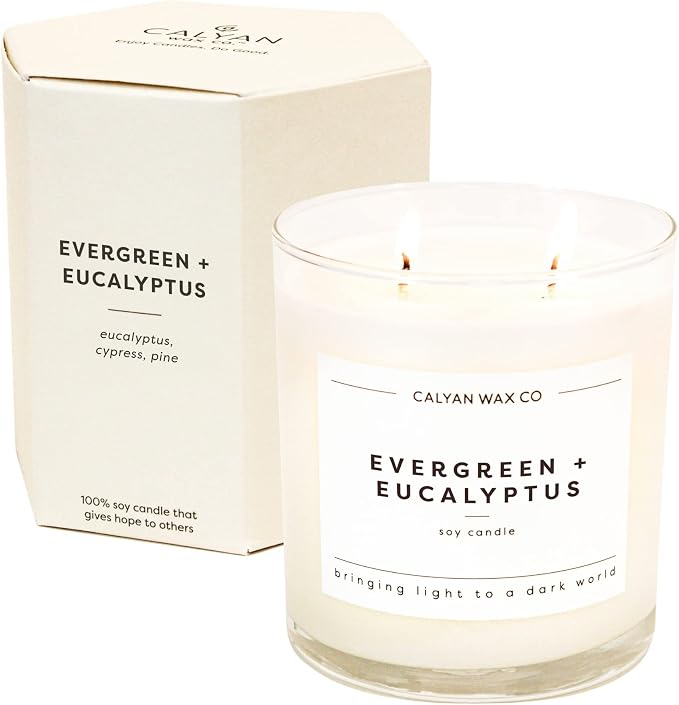 . Evergreen & Eucalyptus 2 Wick Scented Candle - 37 Hour Burn - Luxury made from natural materials Soy Wax, product image
