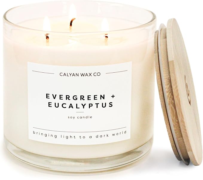 . Evergreen & Eucalyptus 3 Wick Scented Candle - 43 Hour Burn - Luxury 3 Wick Soy Candles, product image