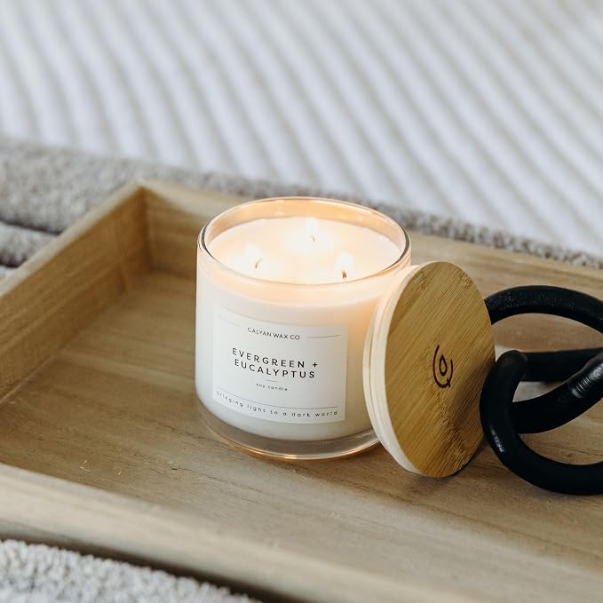 . Evergreen & Eucalyptus 3 Wick Scented Candle - 43 Hour Burn - Luxury 3 Wick Soy Candles, alternate product view 5