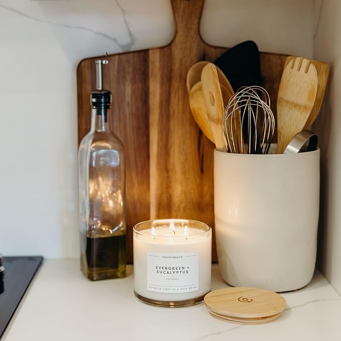 . Evergreen & Eucalyptus 3 Wick Scented Candle - 43 Hour Burn - Luxury 3 Wick Soy Candles, alternate product view 6