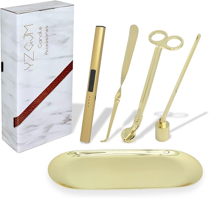 Exquisite Candle Accessories Tool Pack Bag, Rechargeable Electric Lighter, Wick Trimmer, Dipper, Snuffer and Tray Holder