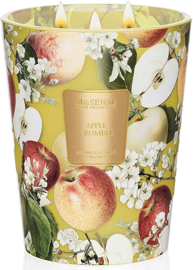 Extra Large Candle Apple Crumble Scented, 3-Wick 35oz 150H Long Lasting, Natural Soy Wax Aromatherapy Candle for Stress