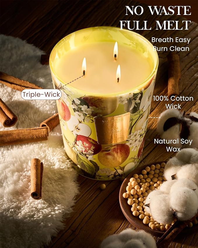 Extra Large Candle Apple Crumble Scented, 3-Wick 35oz 150H Long Lasting, Natural Soy Wax Aromatherapy Candle for Stress
