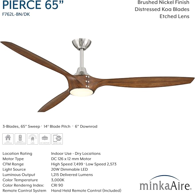 F762L-BN/DK Pierce 65" 3-Blade LED Smart Ceiling Fan - Brushed Nickel and Distressed Koa Finish Blades with Etched Lens