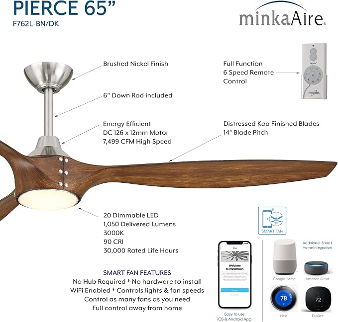 F762L-BN/DK Pierce 65" 3-Blade LED Smart Ceiling Fan - Brushed Nickel and Distressed Koa Finish Blades with Etched Lens