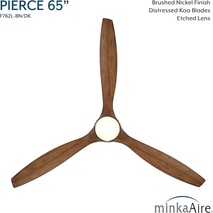 F762L-BN/DK Pierce 65" 3-Blade LED Smart Ceiling Fan - Brushed Nickel and Distressed Koa Finish Blades with Etched Lens