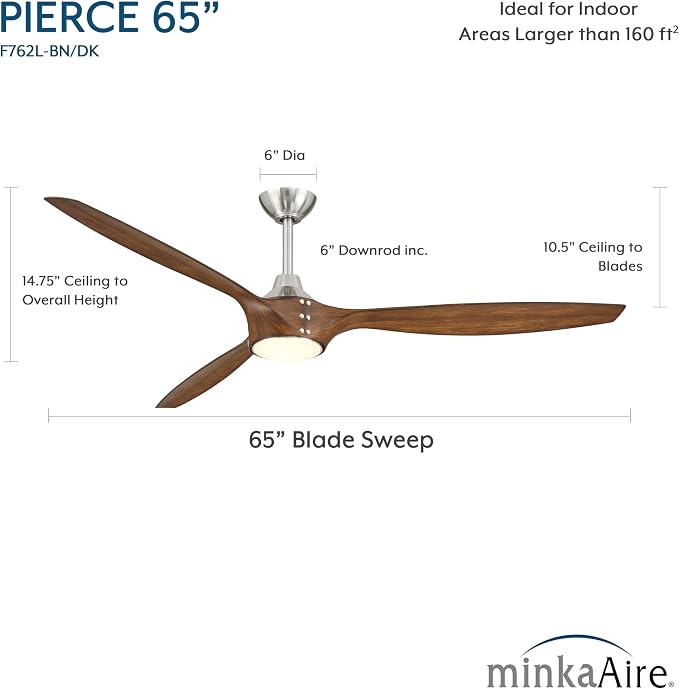 F762L-BN/DK Pierce 65" 3-Blade LED Smart Ceiling Fan - Brushed Nickel and Distressed Koa Finish Blades with Etched Lens
