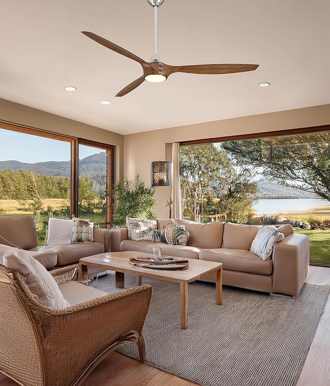 F762L-BN/DK Pierce 65" 3-Blade LED Smart Ceiling Fan - Brushed Nickel and Distressed Koa Finish Blades with Etched Lens