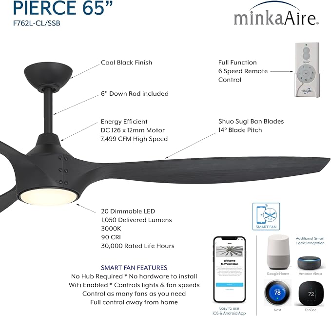 F762L-CL/SSB Pierce 65" 3-Blade LED Smart Ceiling Fan - Coal and Shou Sugi Ban Finish Blades with Etched Lens, alternate