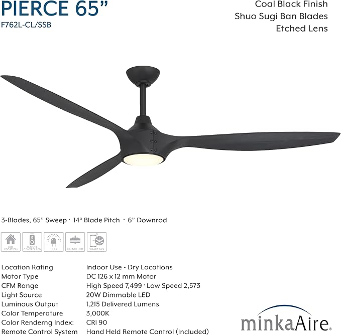 F762L-CL/SSB Pierce 65" 3-Blade LED Smart Ceiling Fan - Coal and Shou Sugi Ban Finish Blades with Etched Lens, alternate