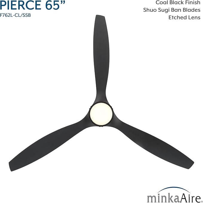 F762L-CL/SSB Pierce 65" 3-Blade LED Smart Ceiling Fan - Coal and Shou Sugi Ban Finish Blades with Etched Lens, alternate