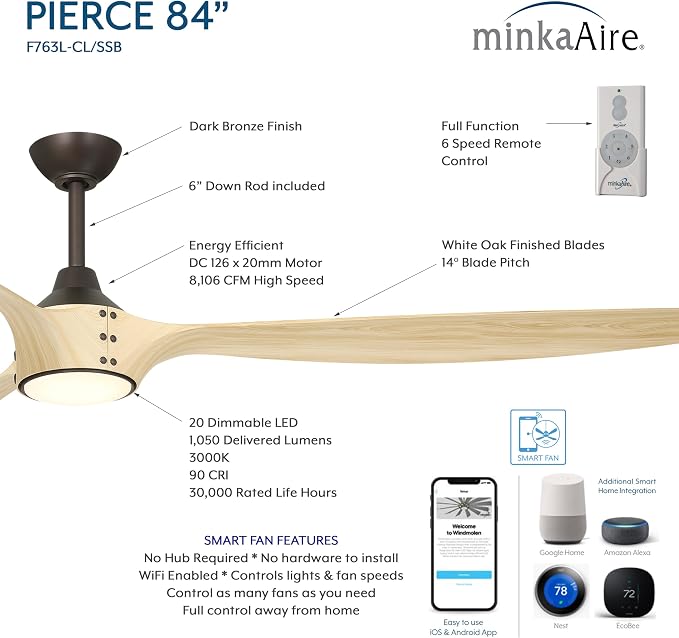 F763L-DB/WTO Pierce 84" 3-Blade LED Smart Ceiling Fan - Dark Bronze and White Oak Finished Blades with Etched Lens, alternate