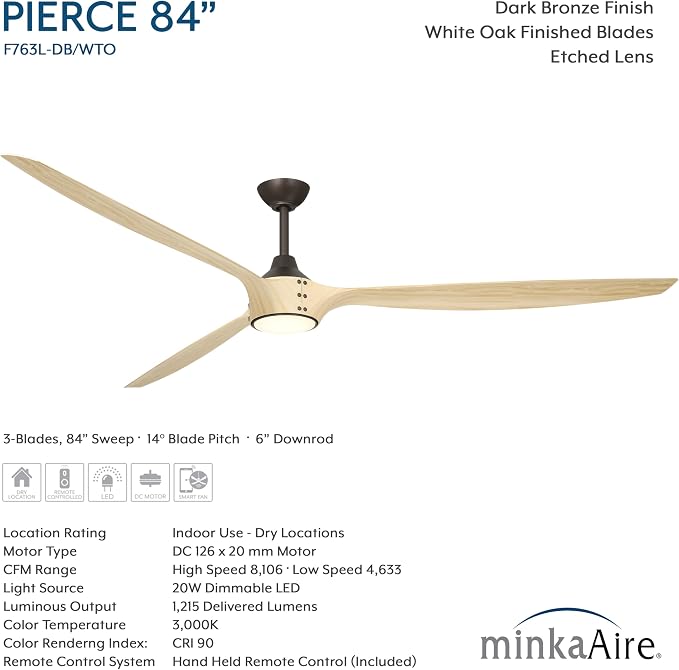 F763L-DB/WTO Pierce 84" 3-Blade LED Smart Ceiling Fan - Dark Bronze and White Oak Finished Blades with Etched Lens, alternate