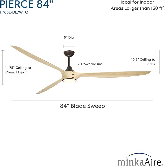 F763L-DB/WTO Pierce 84" 3-Blade LED Smart Ceiling Fan - Dark Bronze and White Oak Finished Blades with Etched Lens, alternate