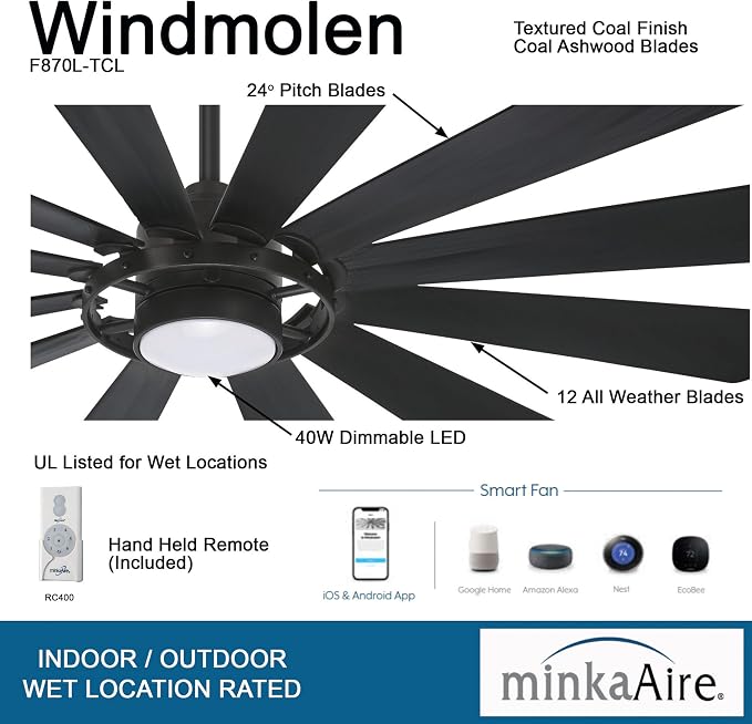 F870L-TCL Windmolen 65 Inch Outdoor Ceiling Fan with LED Light and Remote Control, Textured Coal, alternate product view 5