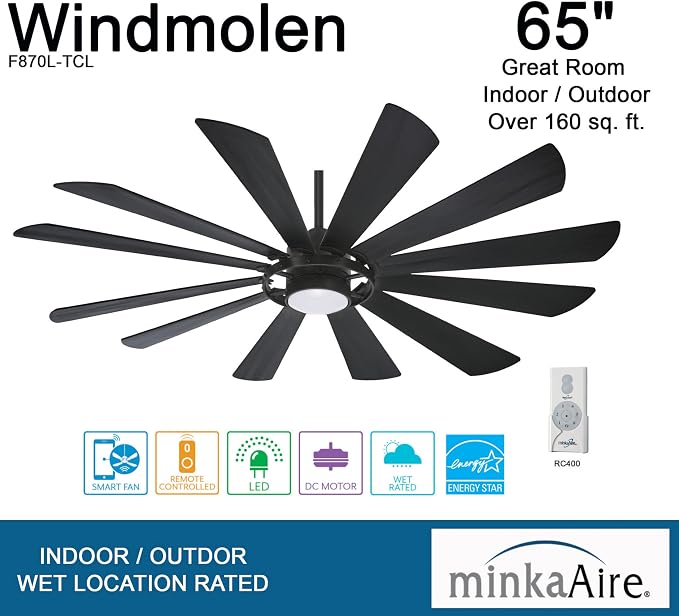 F870L-TCL Windmolen 65 Inch Outdoor Ceiling Fan with LED Light and Remote Control, Textured Coal, alternate product view 7