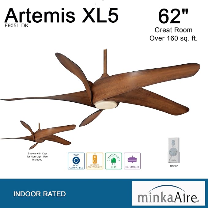 F905L-DK Artemis XL5 62 Inch Ceiling Fan with LED Light and DC Motor in Distressed Koa Finish, alternate product view 4