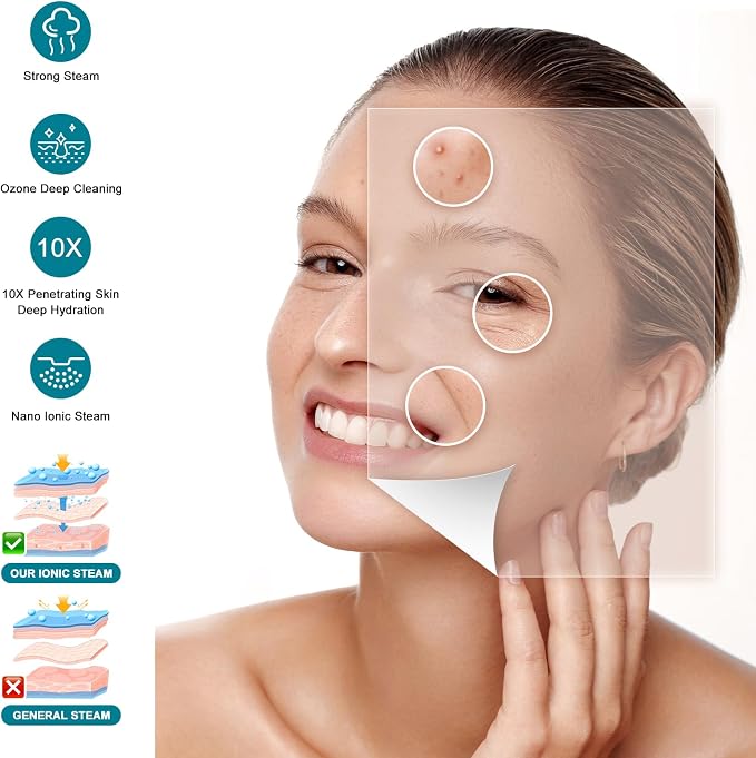 Facial Steamer, Nano Ionic Face Steamer for Facial Deep Cleaning Portable Ozone Steamer with Extendable 360° Rotating Arm