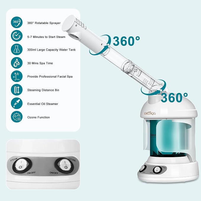 Facial Steamer, Nano Ionic Face Steamer for Facial Deep Cleaning Portable Ozone Steamer with Extendable 360° Rotating Arm