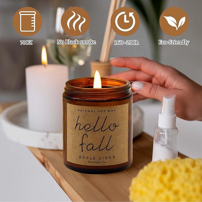 Fall Candles - Fall Decor for Home, Gifts for Women Mom Friend, Natural Soy Wax Apple Cider Scented Candles(7oz) 7oz glass