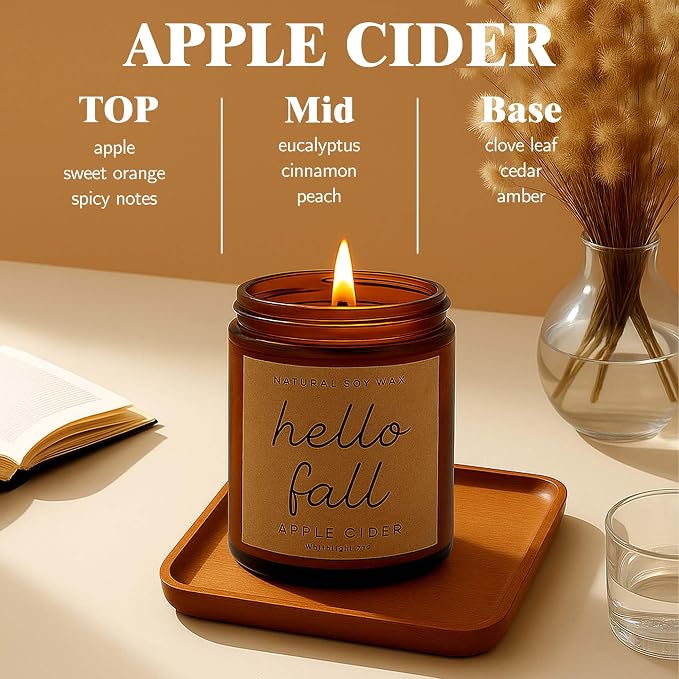 Fall Candles - Fall Decor for Home, Gifts for Women Mom Friend, Natural Soy Wax Apple Cider Scented Candles(7oz) 7oz glass