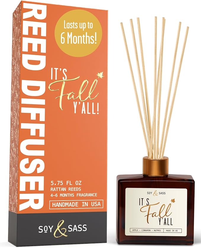 Fall Reed Diffusers for Home Set, Fall Diffuser -It's Fall Y'all! w/Apple, Cinnamon & Nutmeg I Infused w/Essential Oils I