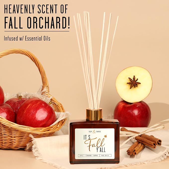 Fall Reed Diffusers for Home Set, Fall Diffuser -It's Fall Y'all! w/Apple, Cinnamon & Nutmeg I Infused w/Essential Oils I