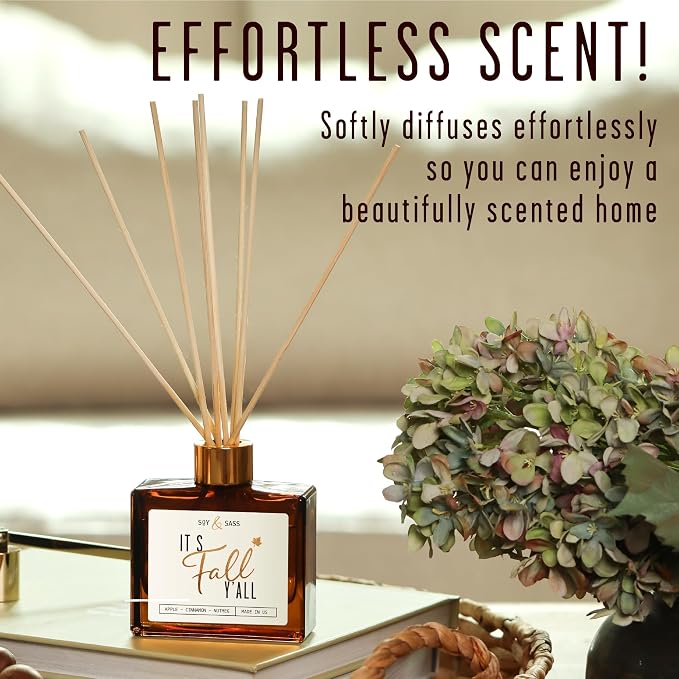Fall Reed Diffusers for Home Set, Fall Diffuser -It's Fall Y'all! w/Apple, Cinnamon & Nutmeg I Infused w/Essential Oils I