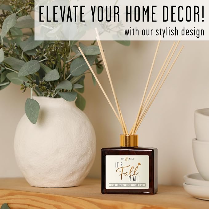 Fall Reed Diffusers for Home Set, Fall Diffuser -It's Fall Y'all! w/Apple, Cinnamon & Nutmeg I Infused w/Essential Oils I