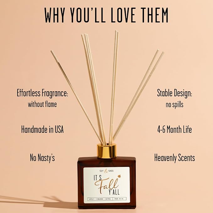 Fall Reed Diffusers for Home Set, Fall Diffuser -It's Fall Y'all! w/Apple, Cinnamon & Nutmeg I Infused w/Essential Oils I