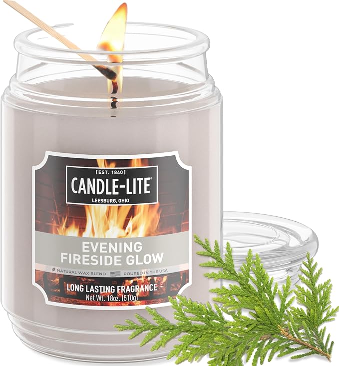 Fall Scented Candles, Evening Fireside Glow, 18 oz Jar, Proudly Poured in The USA, Aromatherapy Candle, Single-Wick with 110